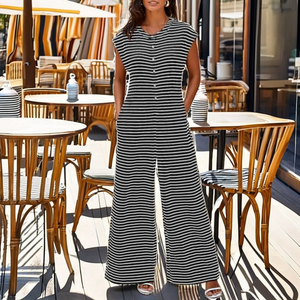 Combinaison décontractée tricotée en polyester pour femme, à rayures, sans manches, coupe large, taille haute, col rond, boutonnée sur le devant, printemps-été - Product Image 2
