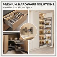 Meubles de cuisine ouverts personnalisés avec poignées, rangements en panneaux de particules, style moderne, avec îlot central et comptoir
