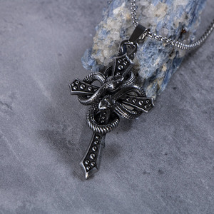 Stainless Steel <b>Cross</b> Pendant <b>With</b> Snake Design Unisex Necklace SP1053 - Product Image 1