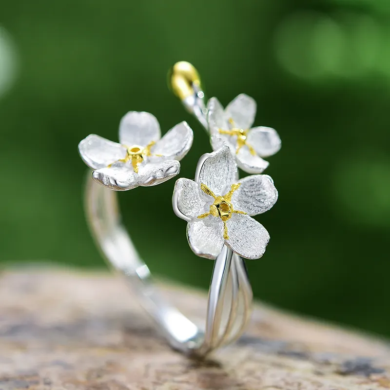 Lotus Fun Wedding Fresh Elegant Forget-me-not Fower Design Opening Ring For Women Real 925 Sterling Silver Jewelry