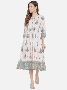 Vestido Maxi Boho con Estampado Artesanal, Dobladillo con Volantes, Manga Tres Cuartos, Corte Holgado, Cuello Redondo, Tejido de Viscosa y Algodón, Vestido Casual - Product Image 1