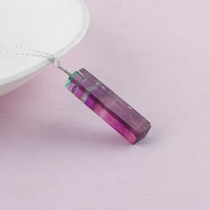Natural Fluorite Bar Pendant <b>Necklace</b> 925 Silver Chain Geometric Shape Chakra Healing Crystal Unisex Everyday Wear - Product Image 3