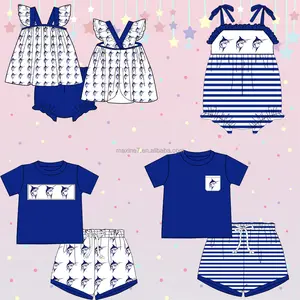 New Arrival Kids Clothing Sets Marlin Fishing Embroidery Summer 2 Piece Striped Boutique Boy Sets