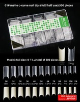 Faux ongles à presser style cercueil français, en ABS, couvrance totale, vente en gros, longs, forme stiletto et amande, transparents, 500 pièces, 12 tailles, logo personnalisé, certifiés CE