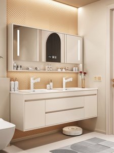 <b>Light</b> Luxury Modern Solid Wood Smart Bathroom <b>Vanity</b> with Smart <b>Mirror</b> Ceramic Double Basin Wall-Mounted Wash Basin - Product Image 3