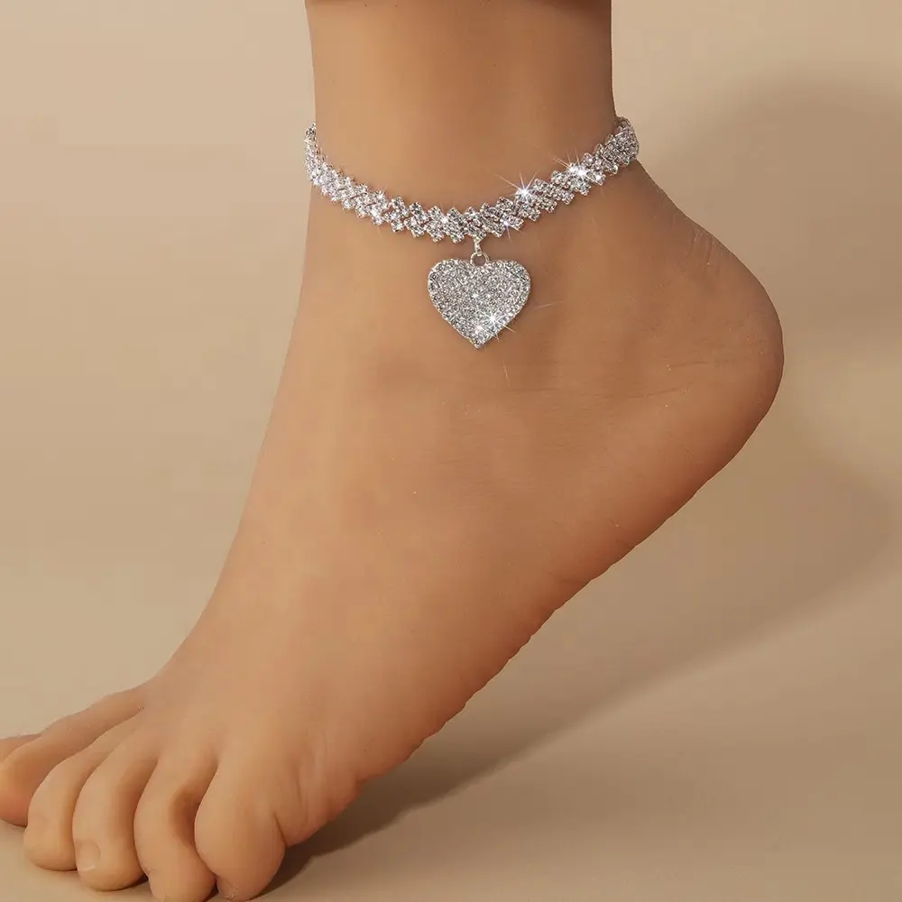 Hot selling summer beach anklet jewelry rhinestone heart-shaped pendant anklet