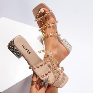 Moda nuovo stile oro <span class=keywords><strong>argento</strong></span> nero strass a punta quadrata grosso <span class=keywords><strong>tacco</strong></span> <span class=keywords><strong>medio</strong></span> <span class=keywords><strong>sandali</strong></span> diamantati da donna - Product Image 4