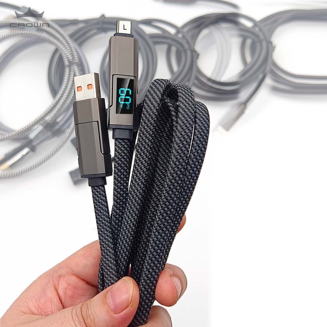 Quality Nylon Led Display USB Type-C/8-Pin 4-in-1 Multi-Function 60W Fast Charging Data Cable for iPhone 15/16/17 & Computer