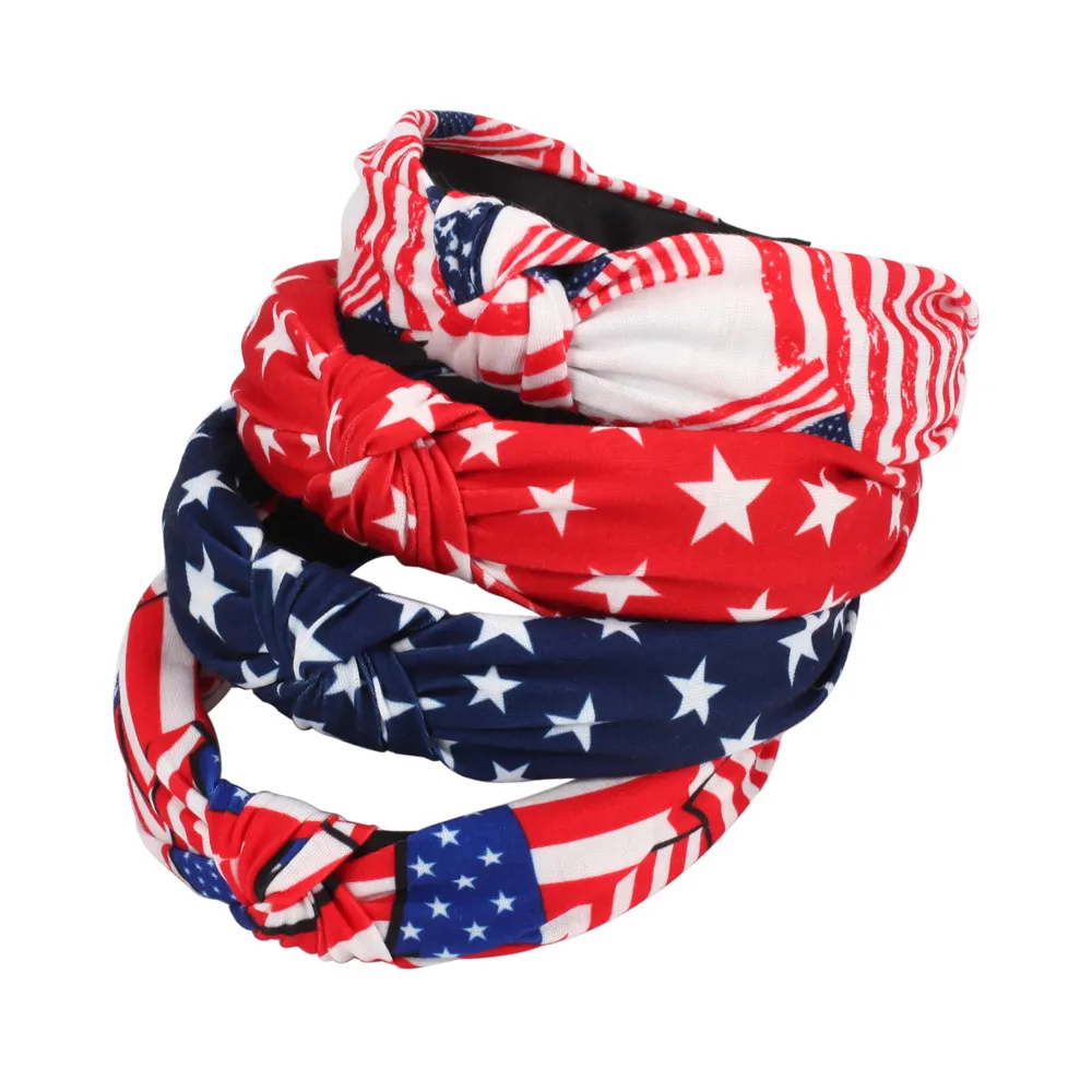 Ikat kepala bendera Amerika untuk wanita anak perempuan ikat rambut Hari Kemerdekaan USA Putih Merah Biru 4Th aksesori rambut patriotik