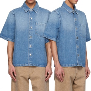 Chemise en jean bleue à manches courtes, style streetwear décontracté, vintage, boutonnée, coupe ample, chemise en jean oversize pour hommes - Product Image 6