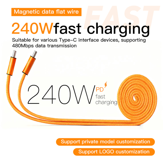 OEM/ODM Customized PD240W Fast Charging USB-C Magnetic Retractable  Anti-Tangle Flat Type-C Nylon Cable 1M for Tablet Earbuds