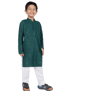 Ensemble Kurta ethnique indien pour garçons avec broderie à sequins, en rayonne légère, tenue traditionnelle festive - Product Image 2