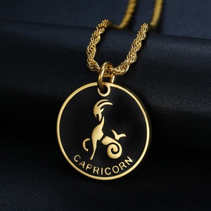 Collier rond en émail noir 18K, bijou pour hommes et femmes, pièce de monnaie en forme de métal précieux, du zodiaque, - Product Image 6
