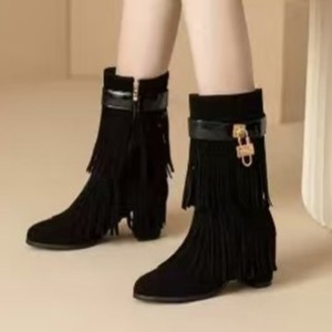 Botas Cortas Retro Hechas a Mano para Mujer, Otoño Invierno, Estilo Europeo Americano, Talla Grande, con Borlas y Tacón Alto - Product Image 1