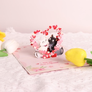 Carta di San Valentino di alta qualità graziosa confessione a forma di cuore di gatto bianco e nero "con te dolce tutto" 3D Pop-up Card - Product Image 3
