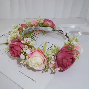 Elegant Hawaii Party Headband Holiday Big Rose Floral Wreath Flower Head Crown Bohemian Wedding Hairbands Tiaras Floral Garland