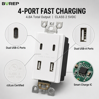 Stopkontak Charger USB Dalam Dinding BAREP 4.8A 2 USB-C 2 USB-A Bersertifikasi CULus dengan IC Pengisian Cerdas untuk Pemasangan Kotak Standar AS