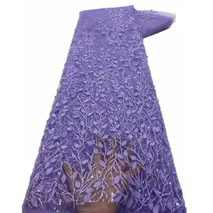 Vải Ren Hoa Cà Vải Ren Thêu Hoa 3D Pháp Vải Ren Váy Cưới Châu Phi Nigeria Có Hạt
