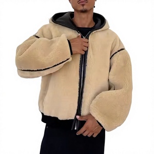 <b>Men</b> <b>Sherpa</b> Faux Leather Hooded <b>Jacket</b> Reversible Zip Up Bomber Coat Custom Logo Winter Outerwear - Product Image 1