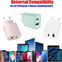 Chargeur universel USB-C PD 20W à double port, charge rapide 18W USB A/C, adaptateur secteur EU avec USB-C pour tous les téléphones mobiles