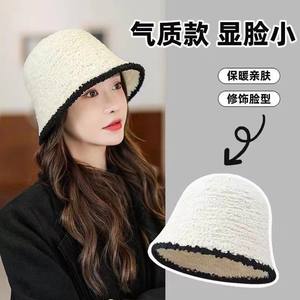 Black Knitted <b>Plush</b> Bucket Hat for Women <b>Large</b> Head Circumference Autumn Winter Korean Style Warm Basin Hat Makes Face Look - Product Image 5