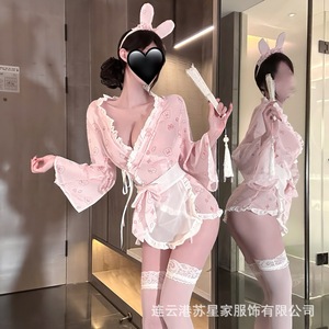Lencería sexy, uniforme de conejita, estilo japonés, estampado de conejita lindo e inocente, bata estilo japonés y camisón con lazo. - Product Image 3