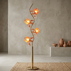 Lampe sur pied élégante à motif floral, abat-jour en verre en forme de lotus à 4 têtes, lampadaire décoratif à poteau doré en forme de S pour chambre à coucher - Product Image 1