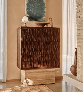 Mueble Bar de Madera Tallado a Mano con Base de Travertino, Mueble para Almacenamiento de Vino con Estante para Copas, Mueble para Licores de Diseño - Product Image 3