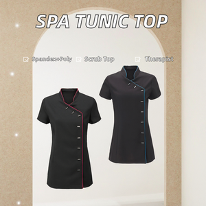 Women's Beauty Spa Hairdressing Salon Scrub Sets <b>Knitted</b> Short Sleeve <b>Tunic</b> Top Hospital Use - Product Image 2