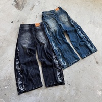 Jeans en denim pour hommes de haute qualité, lourds, noirs et bleus, coupe ample, taille plus, personnalisés, lavés à la main, empilés, baggy, à fermeture éclair, à motifs floraux