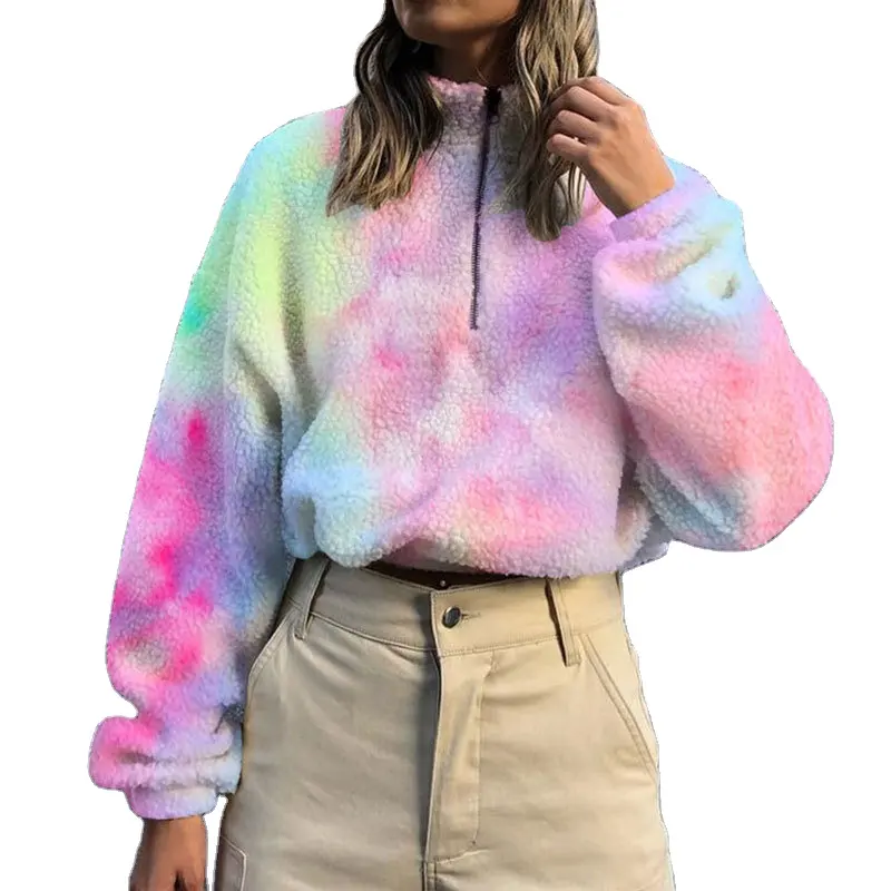 2020ขายส่งMulticolorขนแกะCasual Tie Dyeขนาดใหญ่Hoodie Zip Rainbowเสื้อกันหนาวผู้หญิงPullover Crop Tops Hoodie