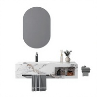 Meuble-lavabo mural moderne en marbre et ardoise, étanche, avec vasque en céramique, porte-serviettes et miroir LED – Installation facile