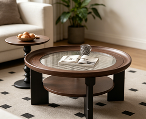 New Arrival Round Two-Tier Solid Wood Coffee <b>Table</b> Wavy Textured Glass Top Block Leg Living Room Storage Tea <b>Table</b> - Product Image 4