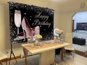 Rose Gold Glitter Gelukkige Verjaardag Achtergrond Hoge Hakken Champagne Glas Fotografie Achtergrond Voor Volwassen Vrouwen Verjaardagsfeestje - Product Image 4