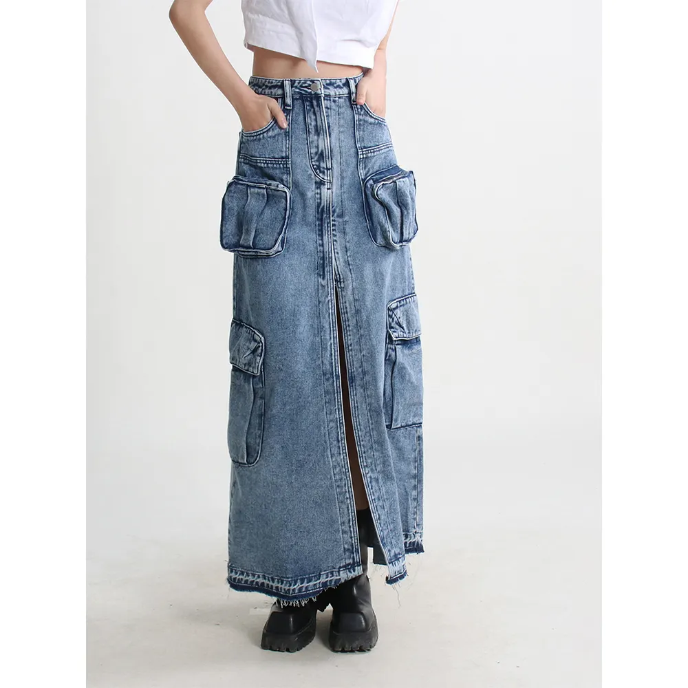 Hot Selling Sexy Ladies Denim Jeans Cargo Long Slit Maxi Skirt With Pockets