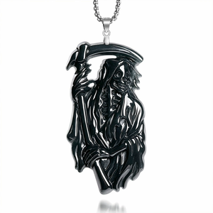 Colgante original de jade natural con diseño de calavera, guadaña y dios de la muerte, hecho de plata S925 con un diseño oscuro moderno y único. - Product Image 2