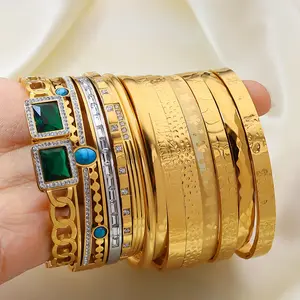 Waterproof Bracelet Stainless Steel Gold Plated Green Zircon Polishing All-match Fashion Bangle Bracelet For Women Shiny Jewelry