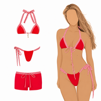 Ensembles de bikinis OEM personnalisés en tissu côtelé recyclé avec breloques en acier inoxydable perlé et bordure contrastante, vêtements de plage pour femmes, fabricant de maillots de bain