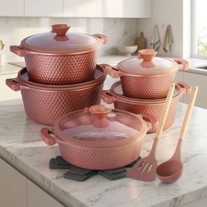 Set di Pentole in Alluminio Pressofuso di Lusso con Texture Diamantata Oro Rosa, 15 Pezzi, Rivestimento Antiaderente in Granito, Set da Cucina - Product Image 1