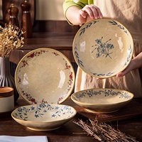 Assiette de table en céramique sous glaçure vintage, peinte à la main, motif floral, vaisselle rustique en grès, bol à soupe pour restaurant et maison