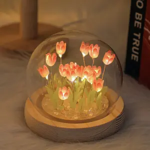 Lampu meja kaca Tulip buatan tangan Diy, lampu malam Led bunga Tulip bola kristal kustomisasi lampu malam