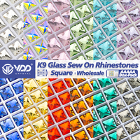 VDD Vente en gros de strass à coudre en verre K9 de qualité supérieure, forme carrée, emballés en boîte, à dos plat, pour la décoration de vêtements