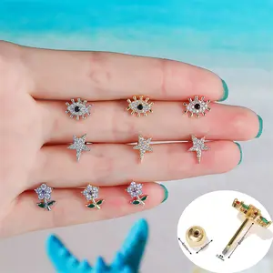 Evil Devil Eye Star Flower Leaf Zirconia Women Ear Bone Stud Copper Plated Zircon Small Ear Piercing Studs Earring