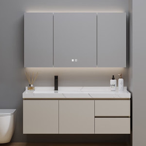 Mueble de baño moderno y sencillo de madera maciza con lavabo de cerámica de pizarra sin juntas, mueble de baño inteligente, lavabo. - Product Image 3