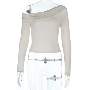 Blouses et hauts à manches longues sexy à épaules inclinées pour femmes Blouses blanches solides et ajustées pour femmes - Product Image 4