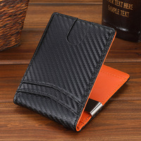 Dompet pria kulit serat karbon, dompet pria lipat dua pemegang kartu RFID ramping logo kustom dengan klip uang logam