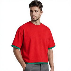 Men's <b>Red</b> <b>Oversized</b> T-<b>Shirt</b> with Front Logo Green Contrast Trim Short Sleeve O-Neck Casual Knitted Cotton Fit - Product Image 1