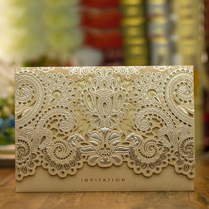 Cartes de mariage rouge/or pour les invités avec carte cadeau à impression gratuite, invitations de mariage élégantes découpées au laser, papier pour cartes - Product Image 5