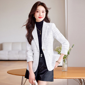 Purple Plaid Blazer Women One Button Casual Suit Jacket Spring Autumn Anti Wrinkle Worsted Fabric Pocket Design - Product Image 3