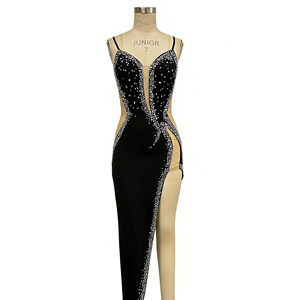 Nuovo <span class=keywords><strong>Abito</strong></span> <span class=keywords><strong>da</strong></span> <span class=keywords><strong>Sera</strong></span> <span class=keywords><strong>Nero</strong></span> alla Moda con Spalline Sottili di Diamanti ed Elegante Rete - Vestito Sexy <span class=keywords><strong>da</strong></span> Festa - Product Image 3